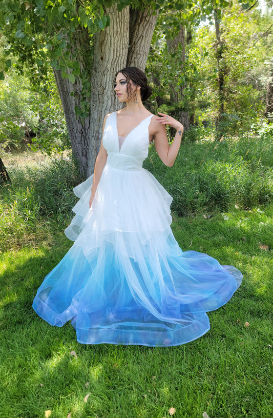 Custom made deep V ombre cascading wedding dress