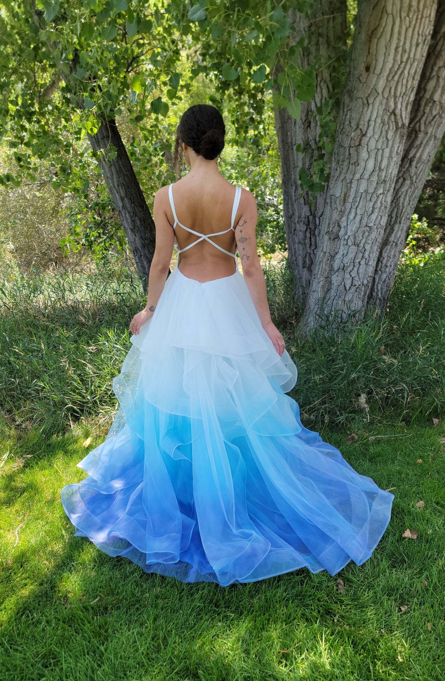 Custom made deep V ombre cascading wedding dress