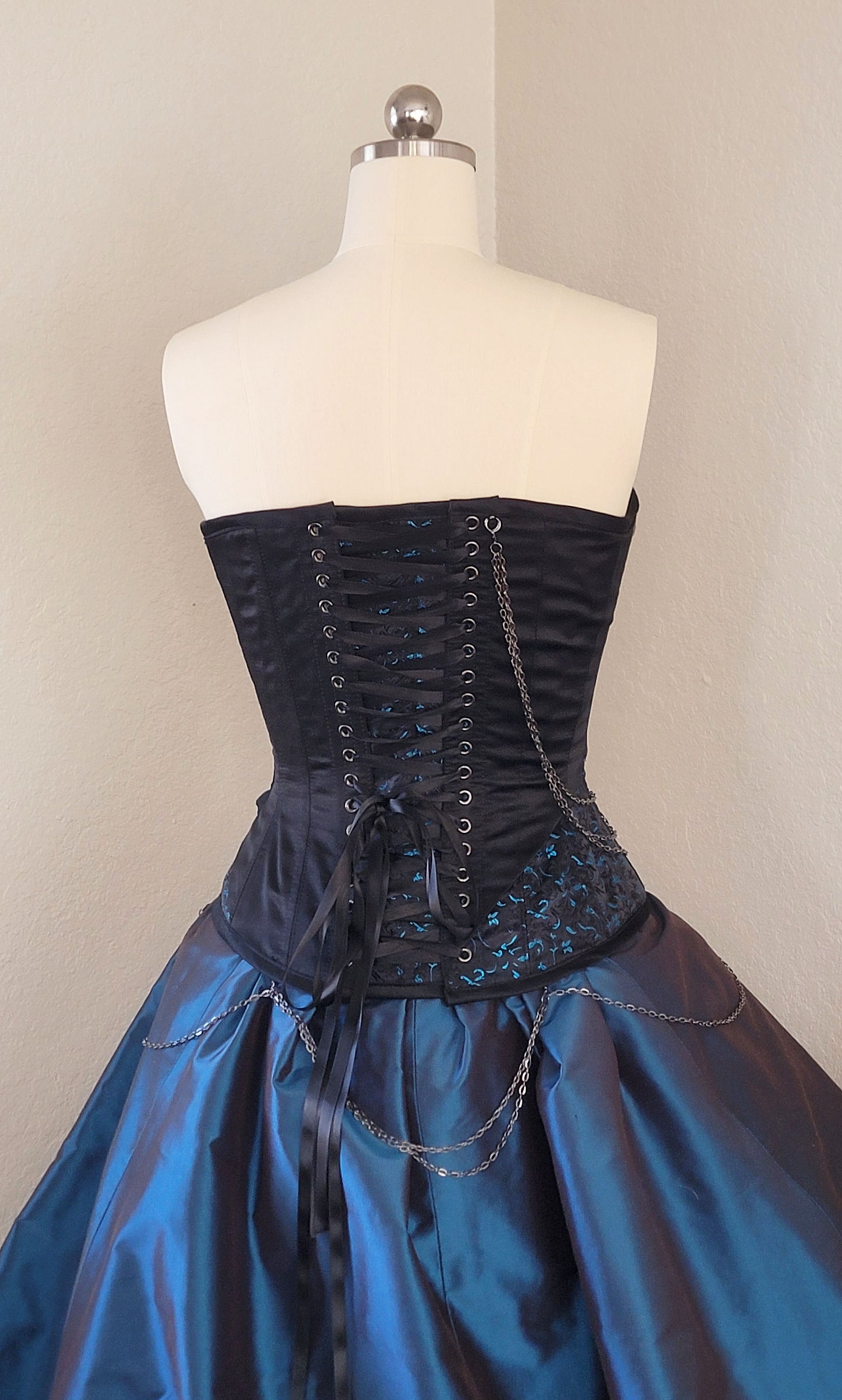 Gothic Butterfly Corset Dress, Black Blue Couture with Removable Train