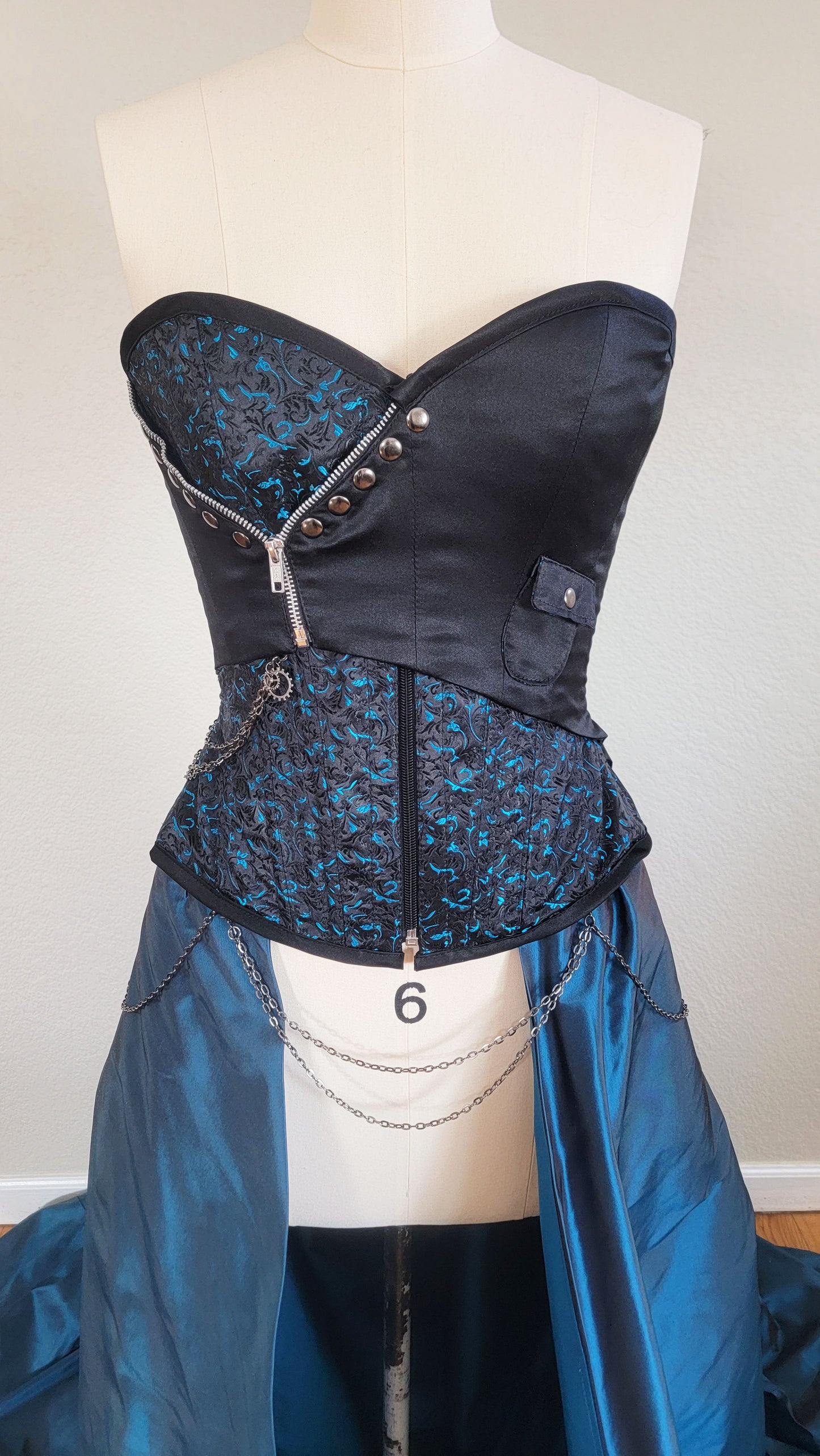 Gothic Butterfly Corset Dress, Black Blue Couture with Removable Train