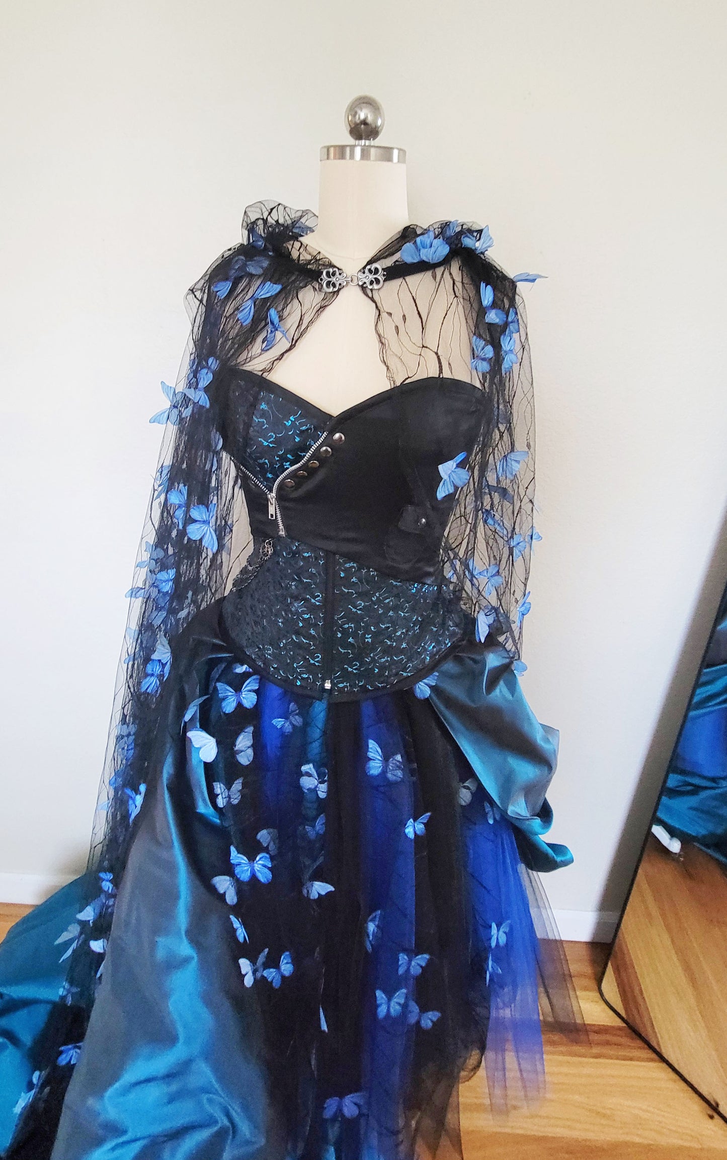 Gothic Butterfly Corset Dress, Black Blue Couture with Removable Train