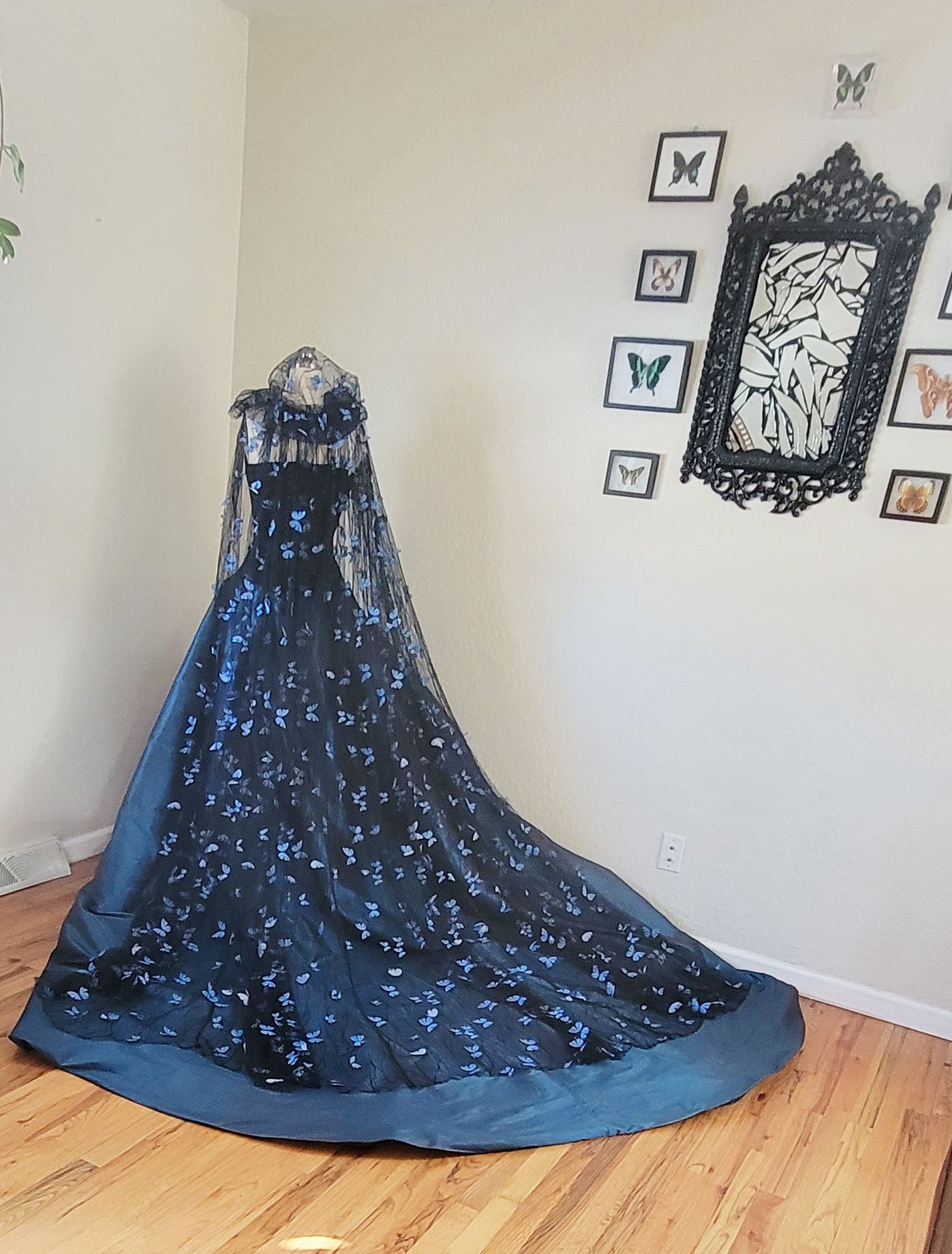 Gothic Butterfly Corset Dress, Black Blue Couture with Removable Train