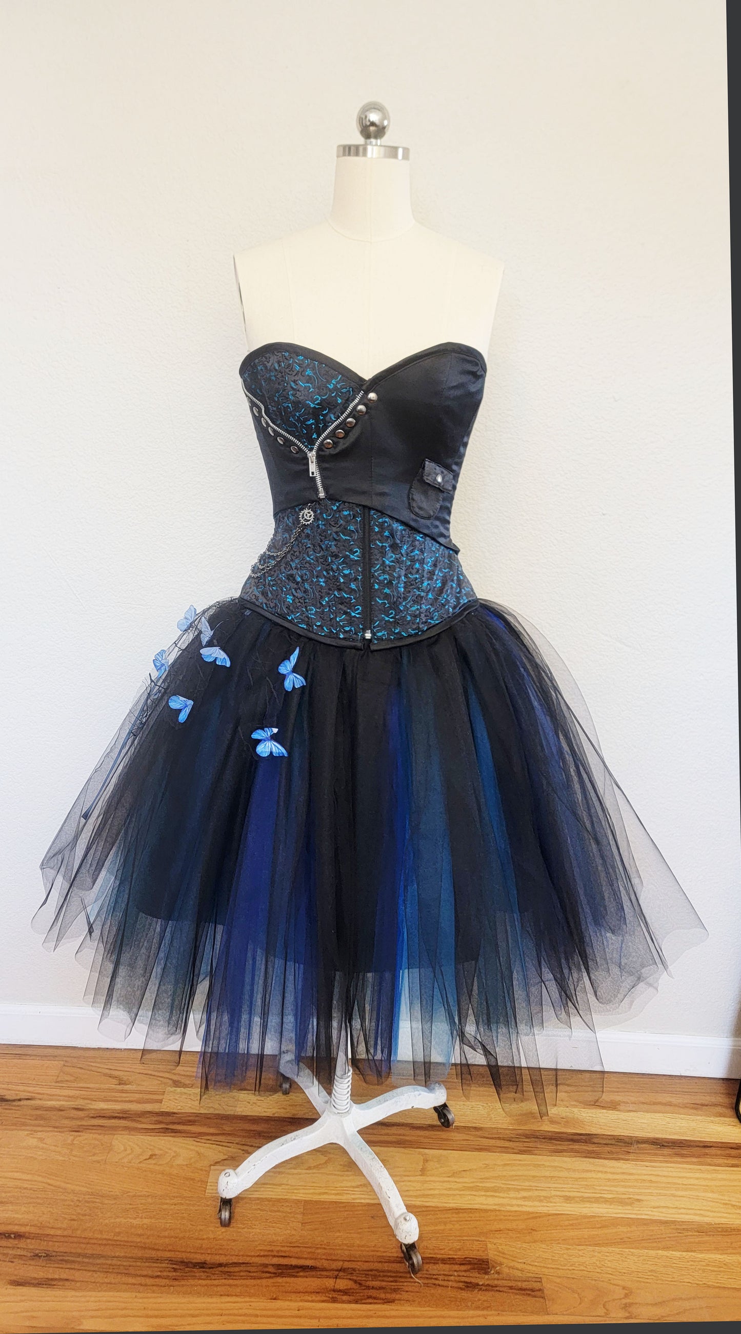 Gothic Butterfly Corset Dress, Black Blue Couture with Removable Train