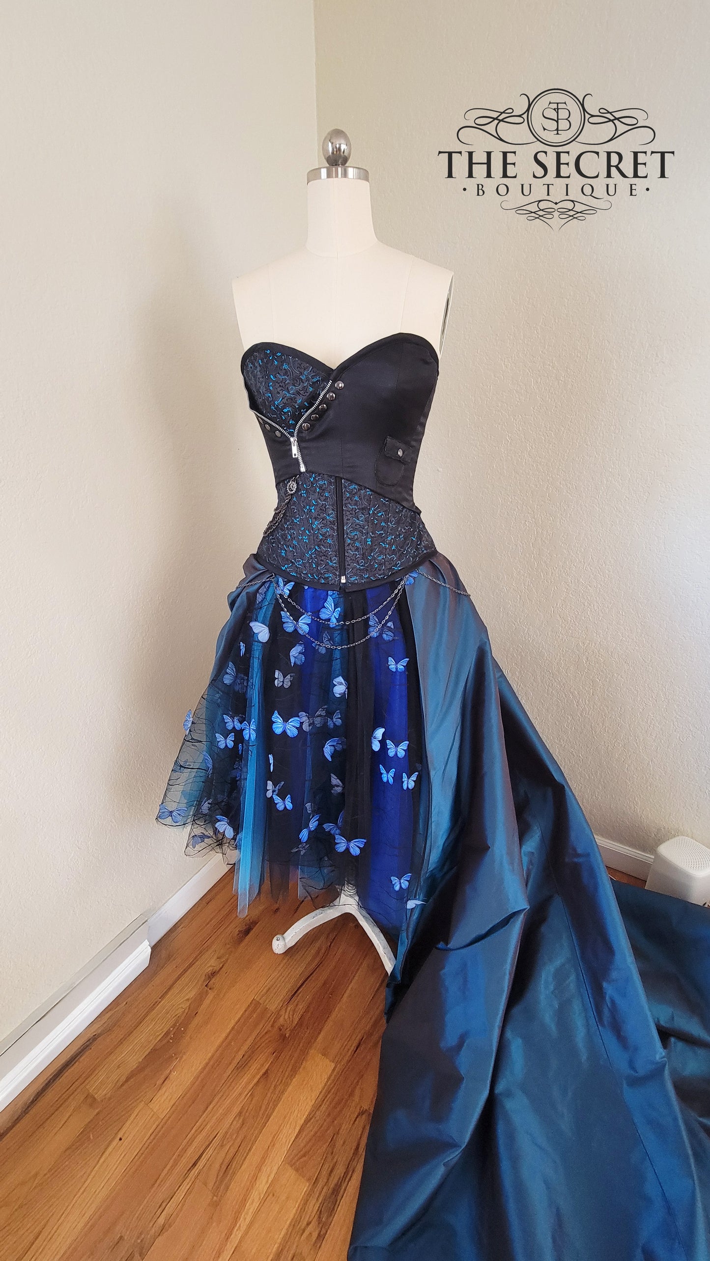 Gothic Butterfly Corset Dress, Black Blue Couture with Removable Train